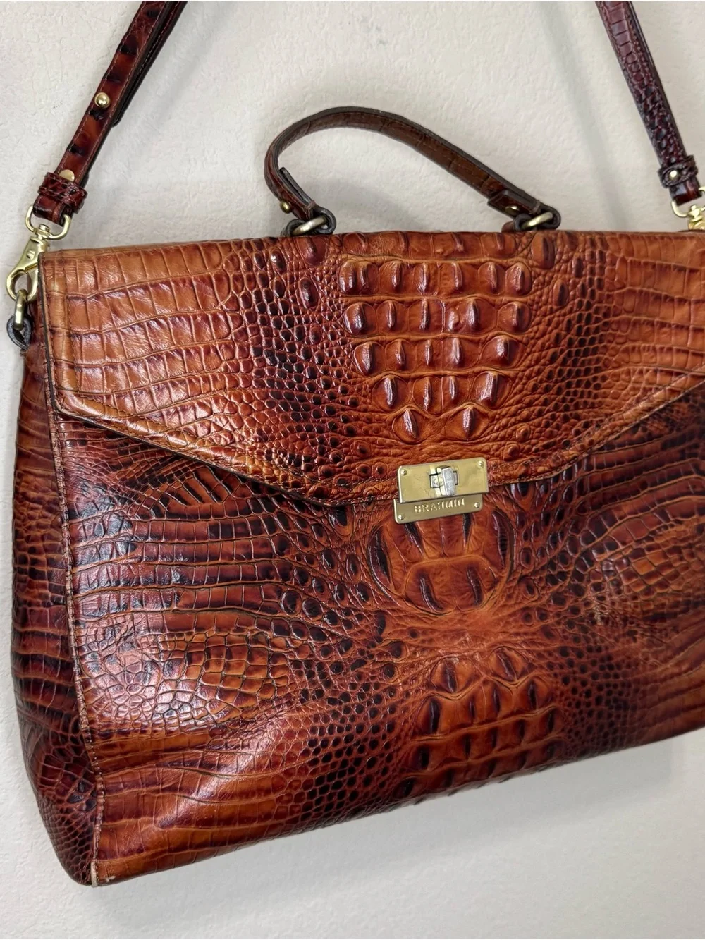 BRAHMIN | Cognac Croc-Embossed Leather Satchel with Gold Hardware